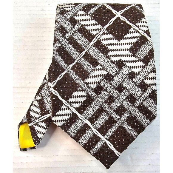 Brown & White Plaid Patterned Tie With Yellow Accent By Liebert - Picture 1 of 9